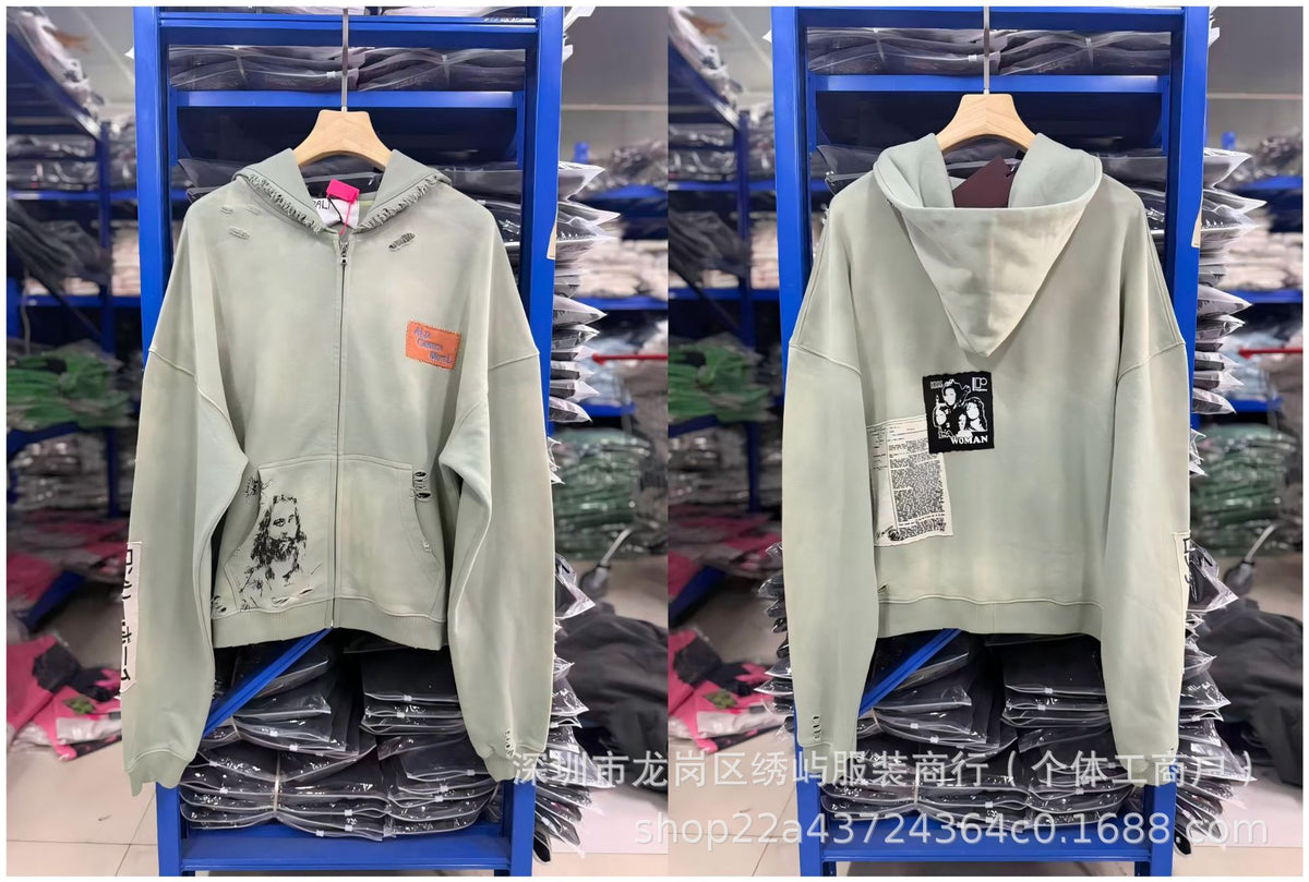 Paly Hollywood Cartoon Letter Hoodie Vintage Wash Graphic Streetwear