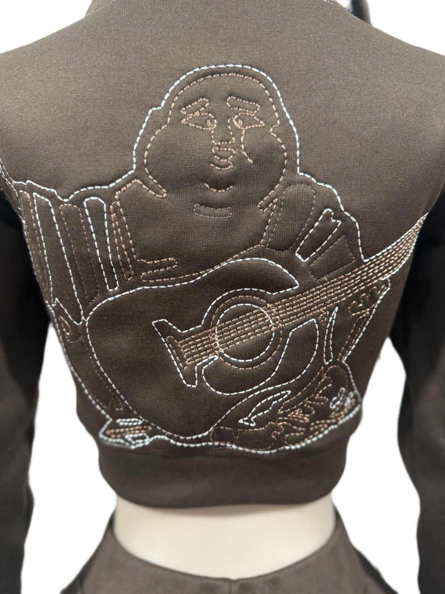 True Religion Stitch Embroidered Zip Crop Hoodie Flare Pants Tracksuit Set