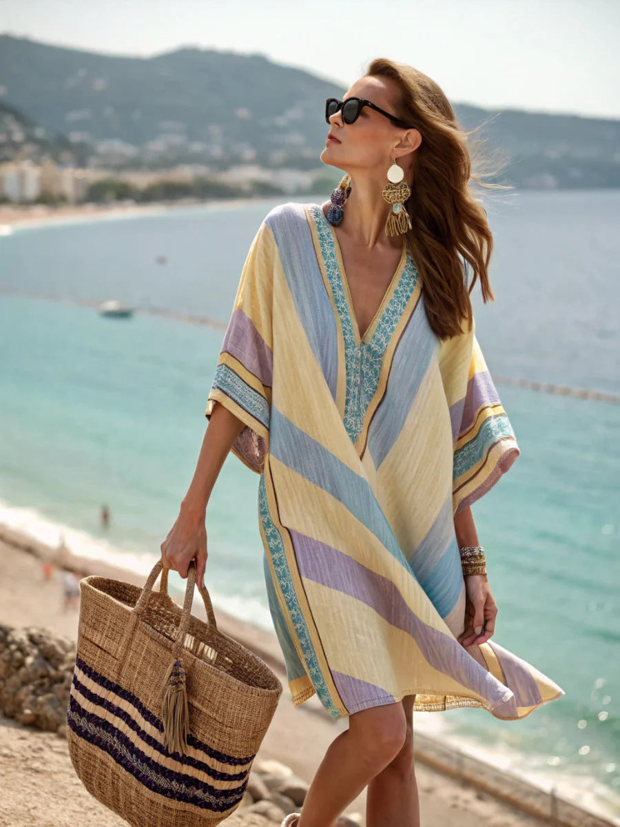 Women Boho Vertical Striped V Neck Loose Short Kaftan Beach Dress