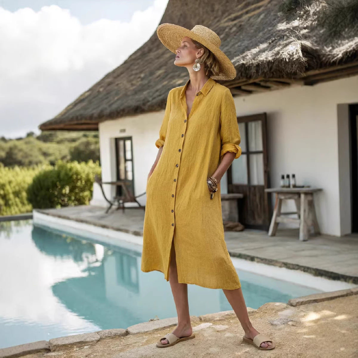 Women Boho Vertical Striped Collared Button Front Slit Loose Maxi Beach Dress