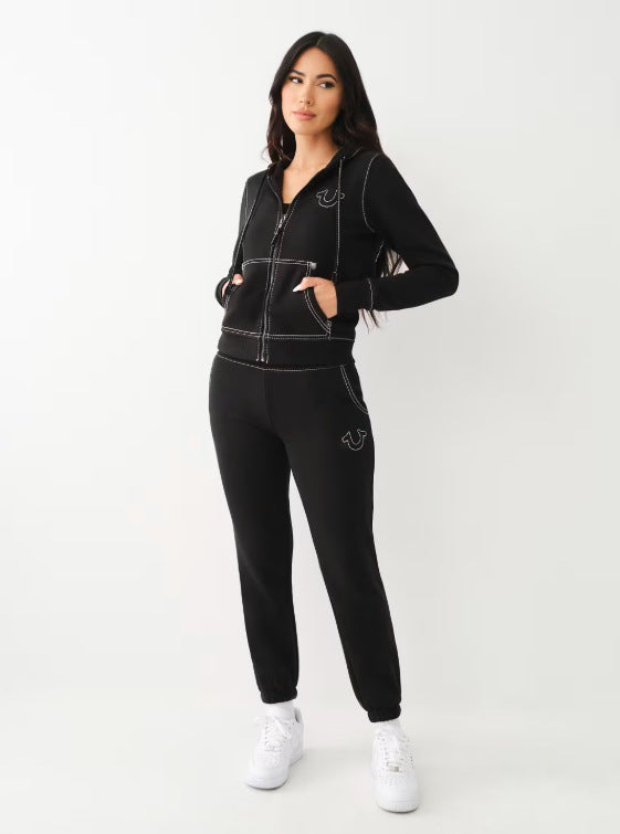 True Religion Vintage Stitch Zip Crop Hoodie Flare Pant Tracksuit Set