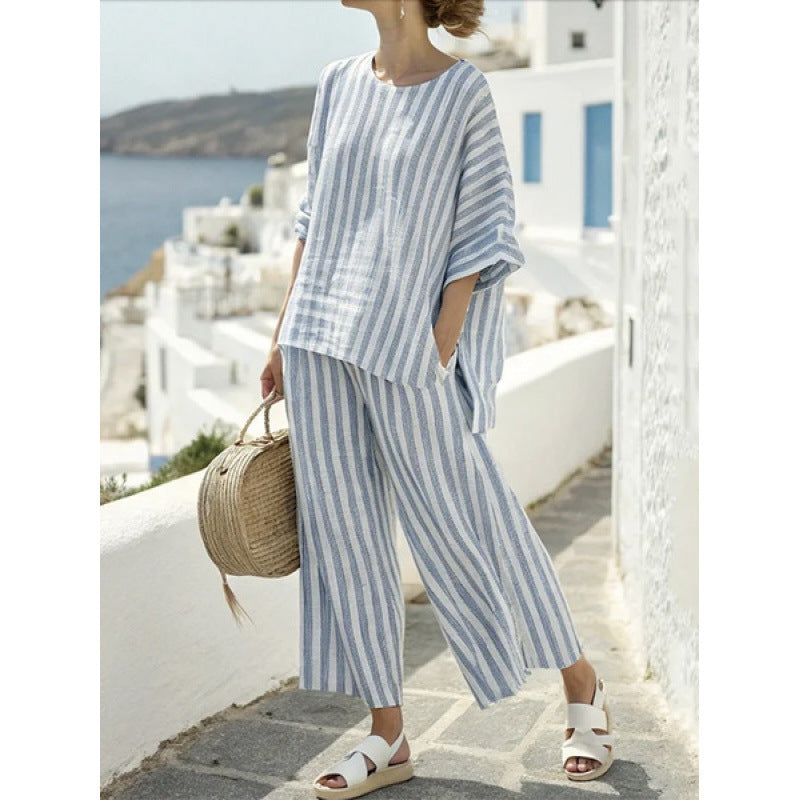 Women Boho Striped Plus Size Loose Kaftan Beach Set