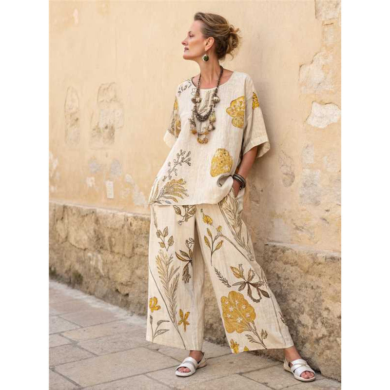 Women Boho Gradient Print Round Neck Batwing Loose Beach Two Piece Set