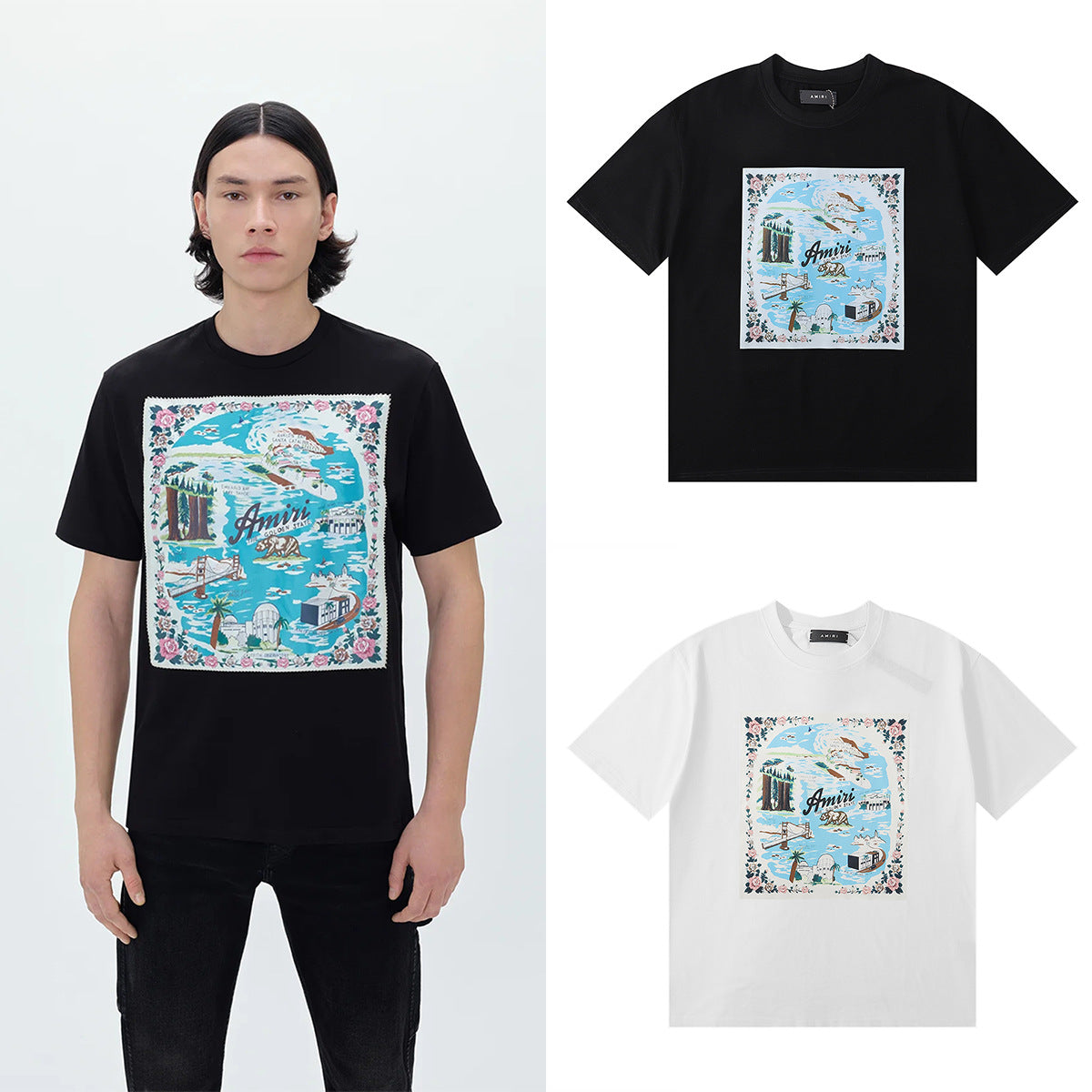 Amiri Rose Skull Letter Graphic Short Sleeve Tee Streetwear Unisex