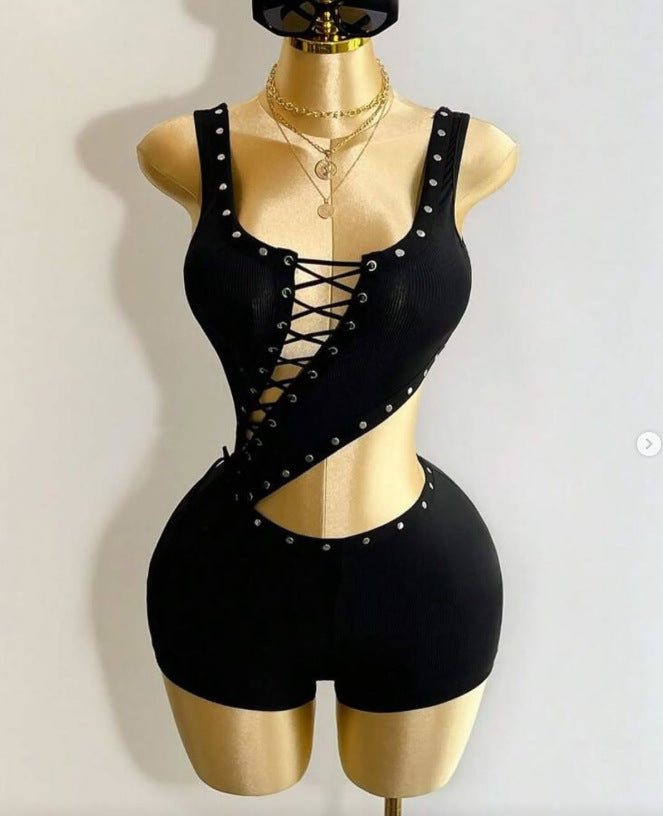 Eyelet Lace Up Cutout Sleeveless Romper Shorts