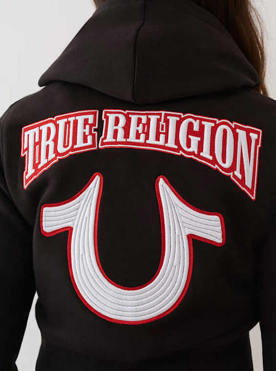 Y2K True Religion Horseshoe Logo Zip Crop Hoodie Straight Jogger 2 Piece Set
