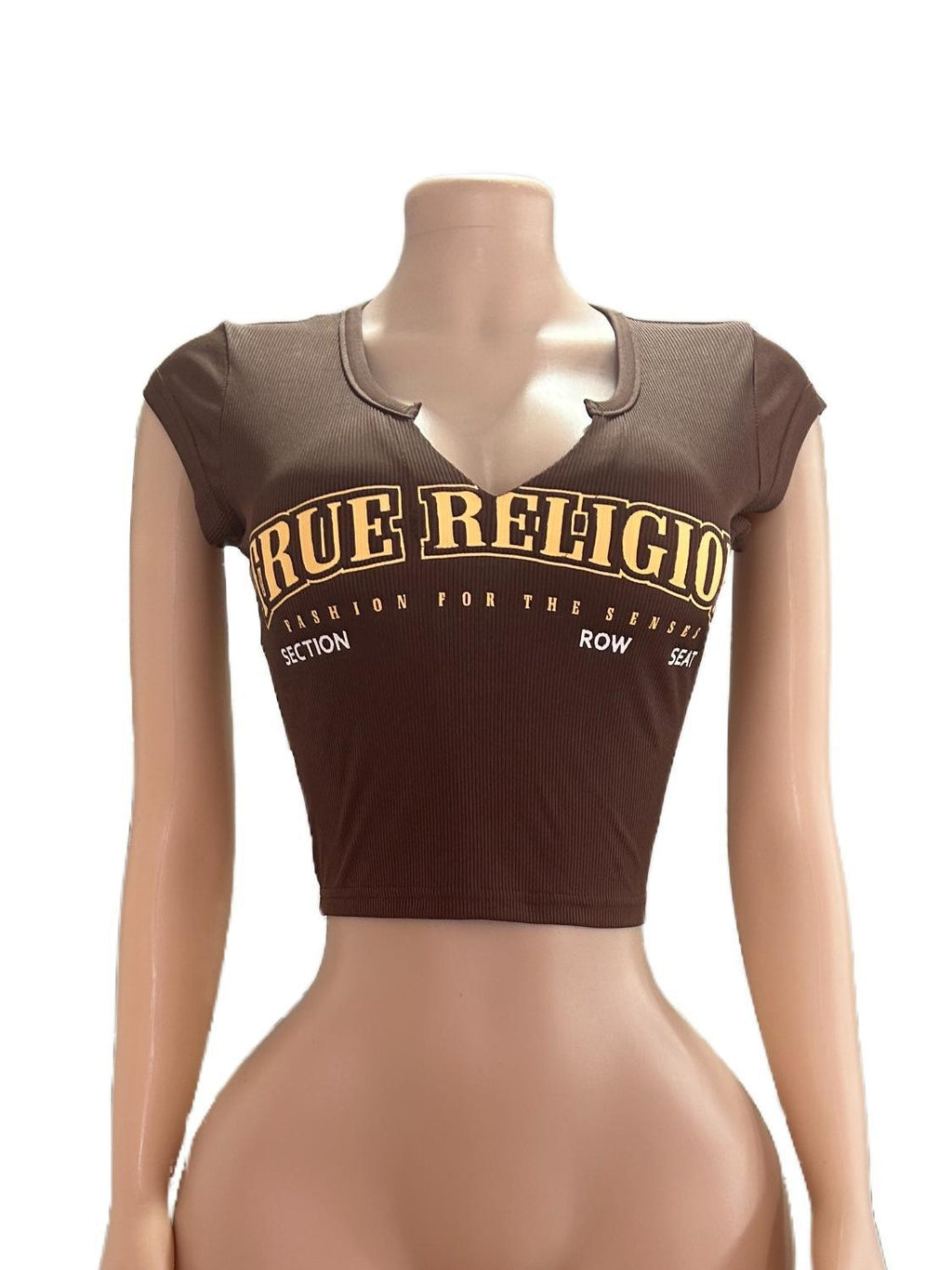 Y2K True Religion Letter Notch Neck Ribbed Crop Tank Top