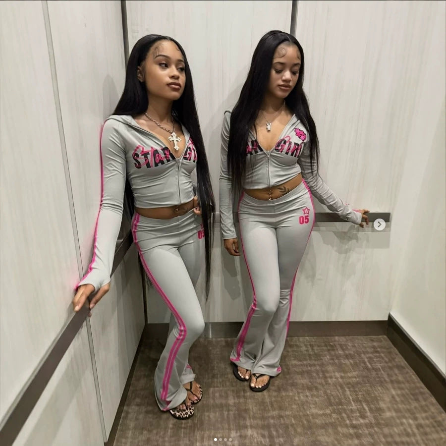 StarGirl Print Zip Up Hooded Crop Top Flare Pants 2 Piece Tracksuit Women