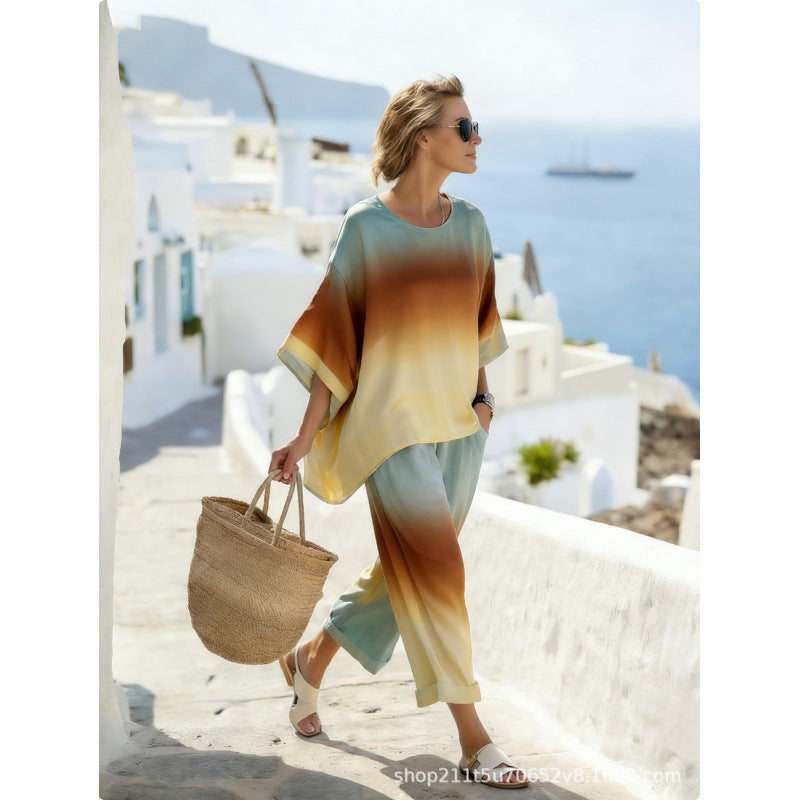 Women Boho Gradient Print Round Neck Batwing Loose Beach Two Piece Set