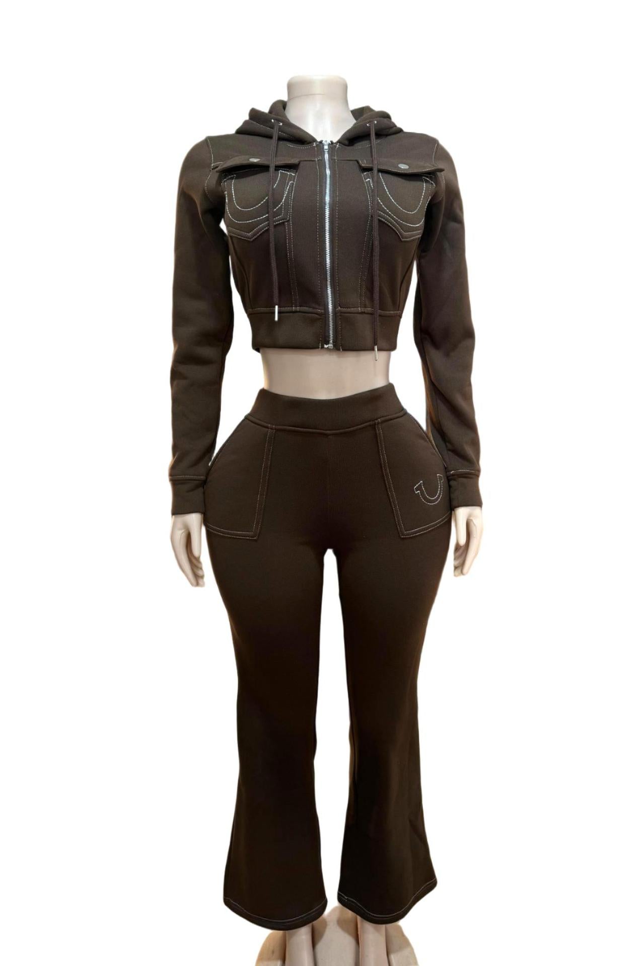 Y2K True Religion Contrast Stitch Embroidery Crop Hoodie 2 Piece Set