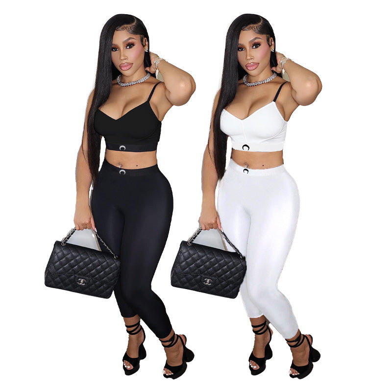 Moon Print Cami Crop Top High Waist Leggings 2 Piece Outfit Set