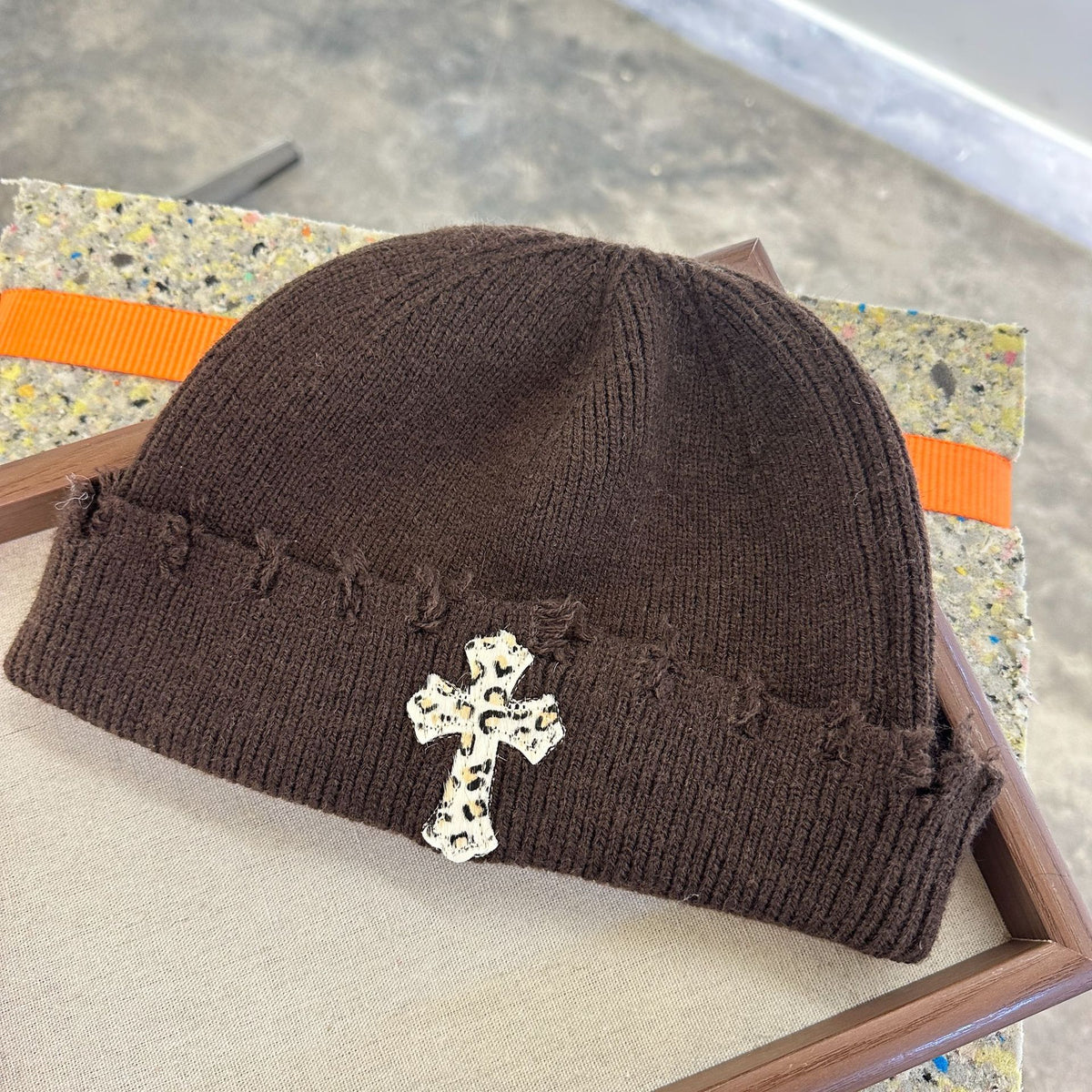 Leopard Cross Distressed Knit Beanie Cuffed Winter Hat Multi‑Style