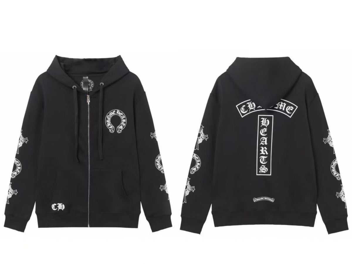 Chrome Hearts Horseshoe Sanskrit Cross Zip Up Hoodie Streetwear Unisex
