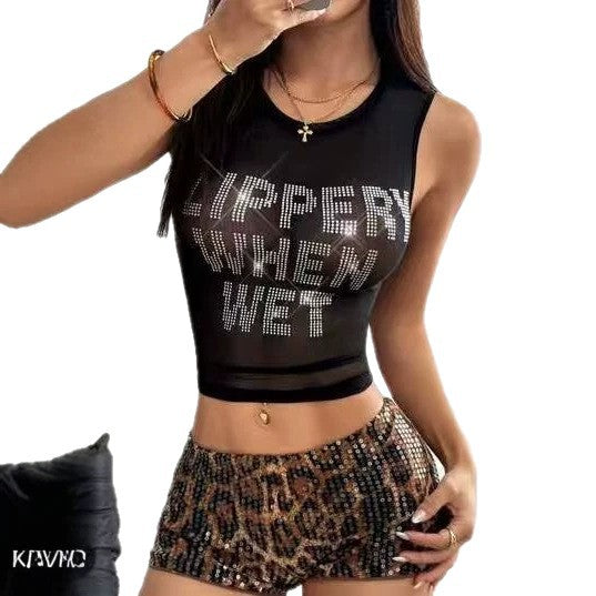 Rhinestone Letter Crop Tank Top Women Y2K Sleeveless Crew Neck Cami Vest