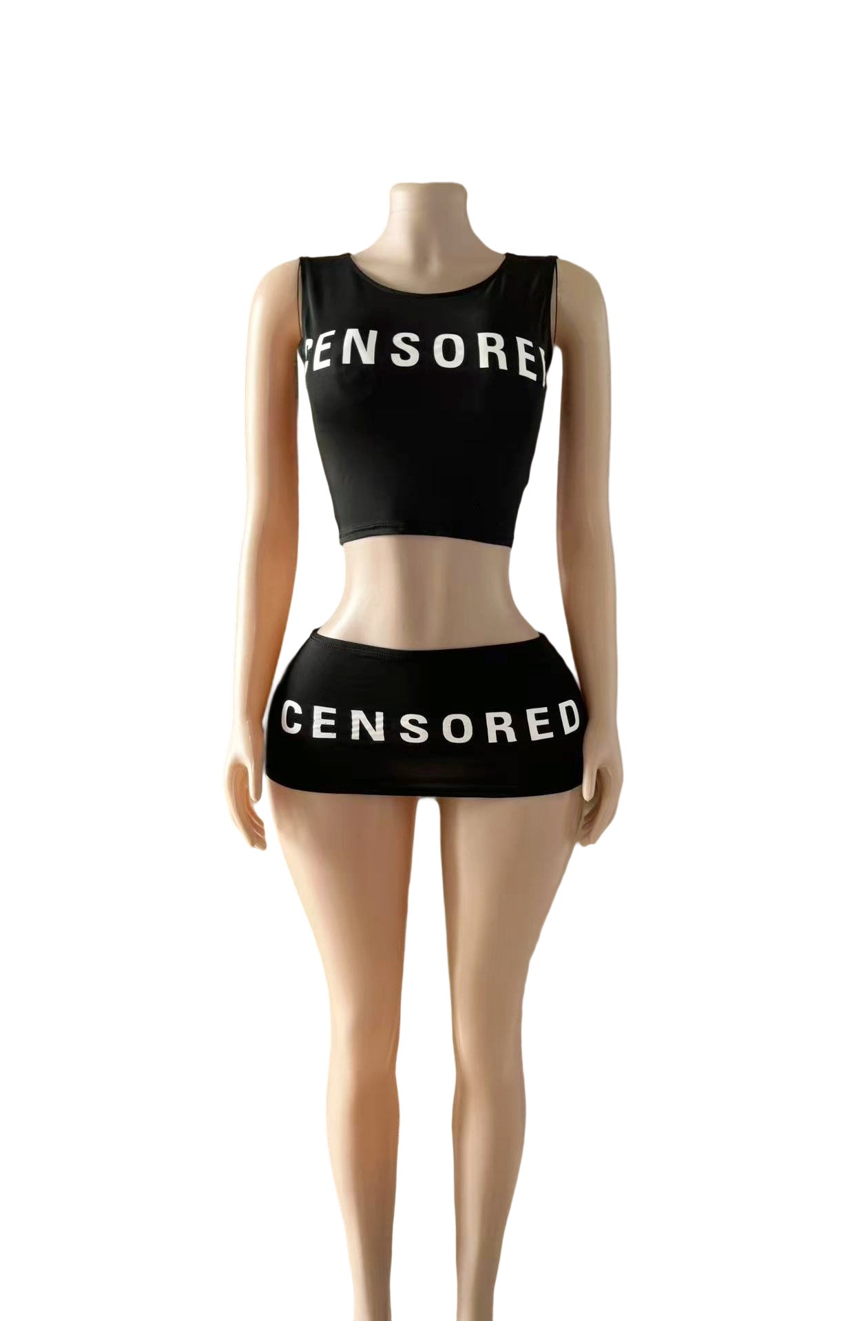 Y2K Censored Letter Print Sleeveless Crop Tank Mini Skirt 2 Piece Set