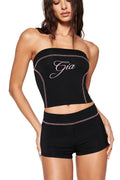 I.AM.GIA Stitch Letter Print Tube Top Biker Shorts 2 Piece Outfit Set