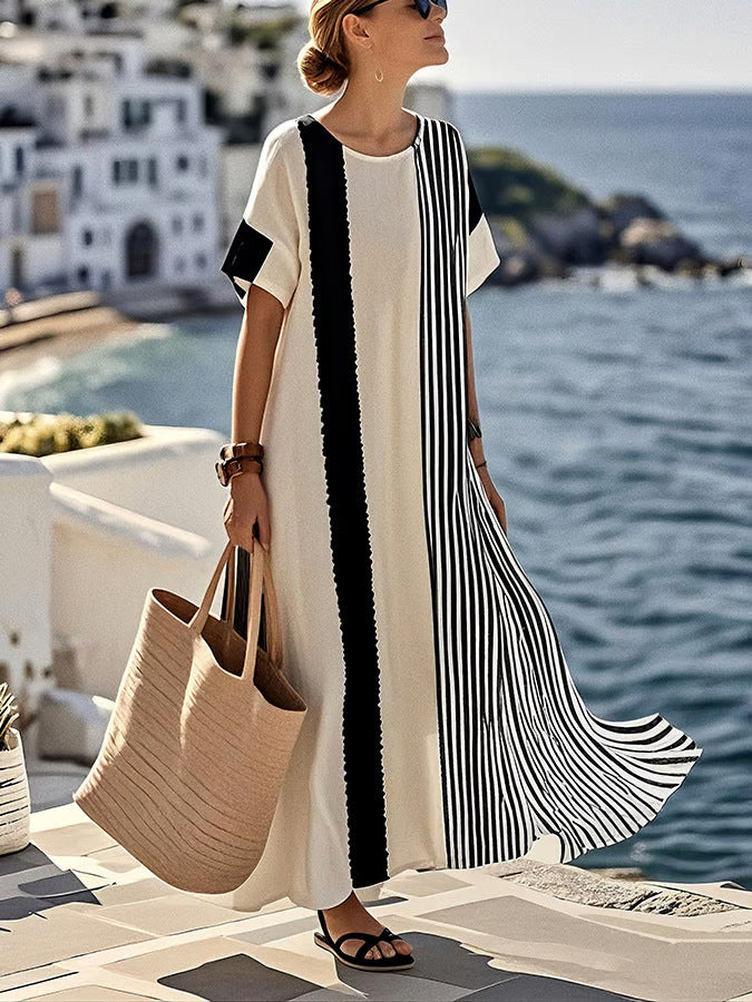 Women Boho Color Block Short Sleeve Kaftan Maxi Beach Dress