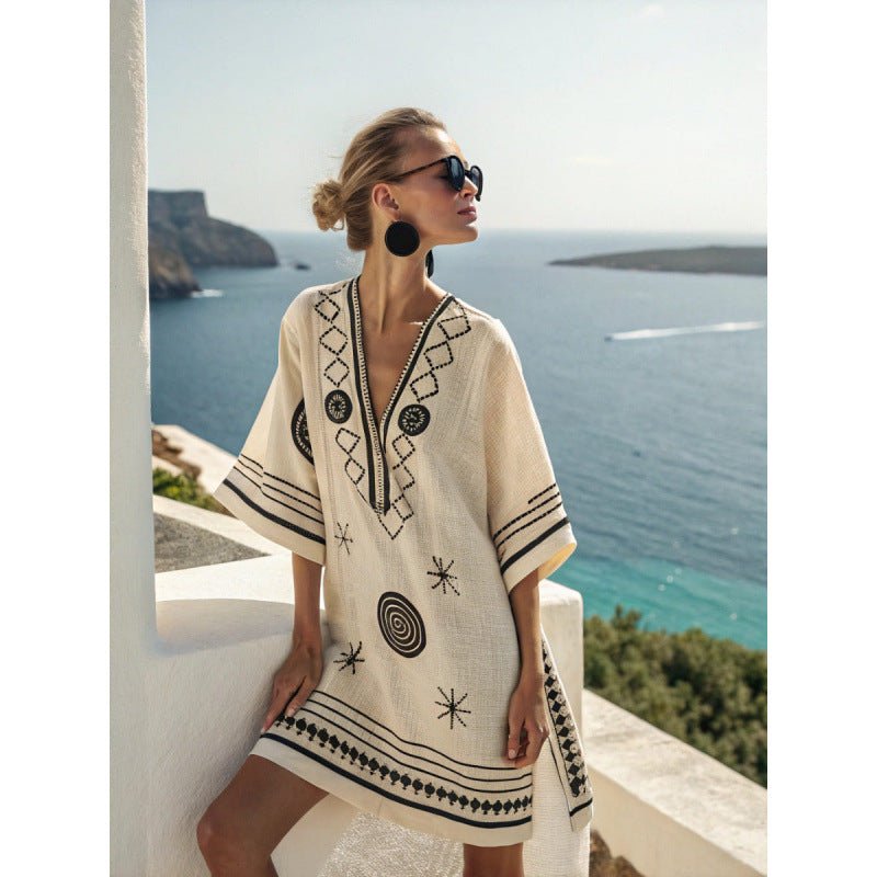 Women Boho Striped V Neck Loose Kaftan Midi Beach Dress