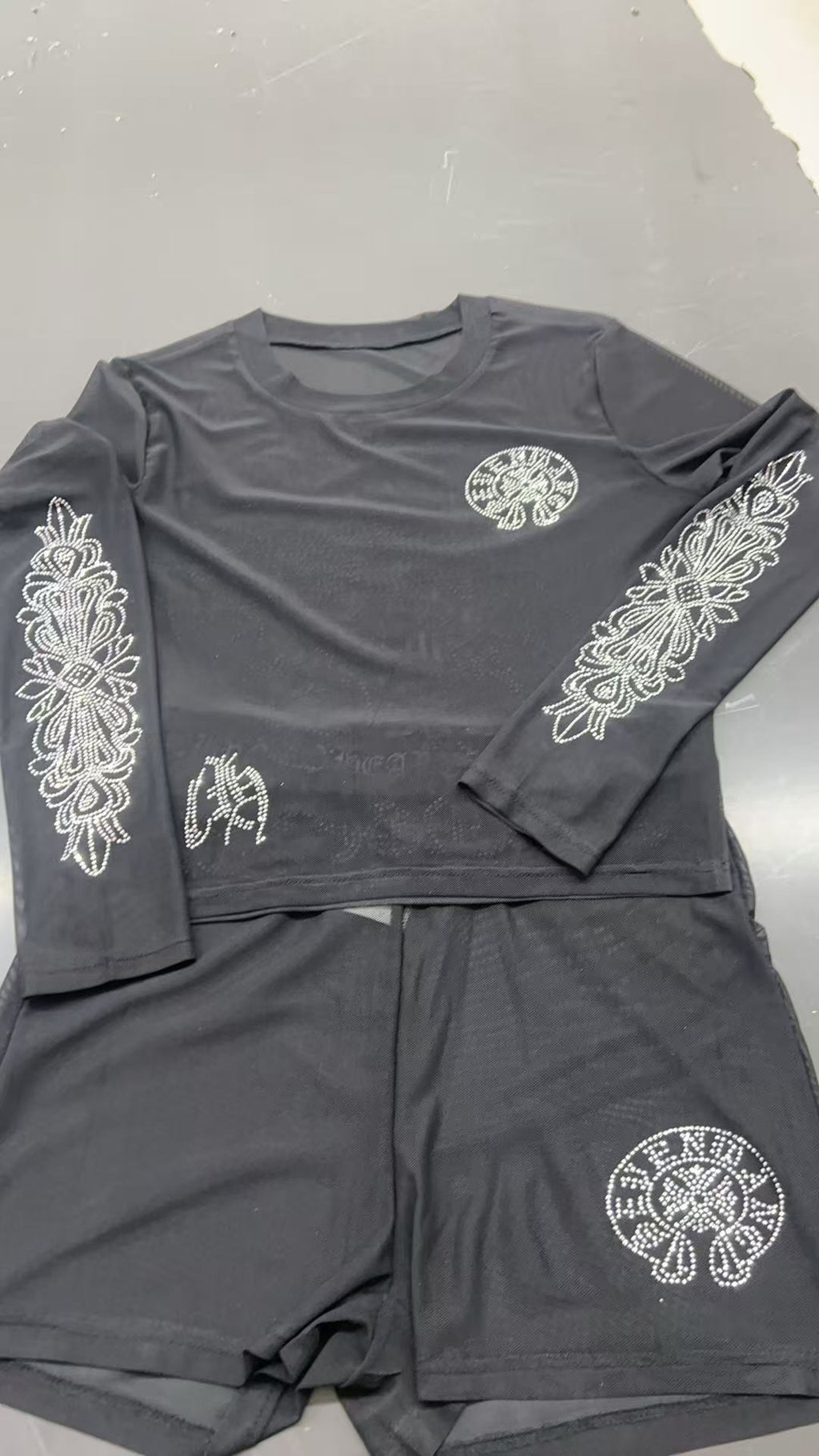Chrome Hearts Rhinestone Mesh Long Sleeve 2 Piece Shorts Set Women