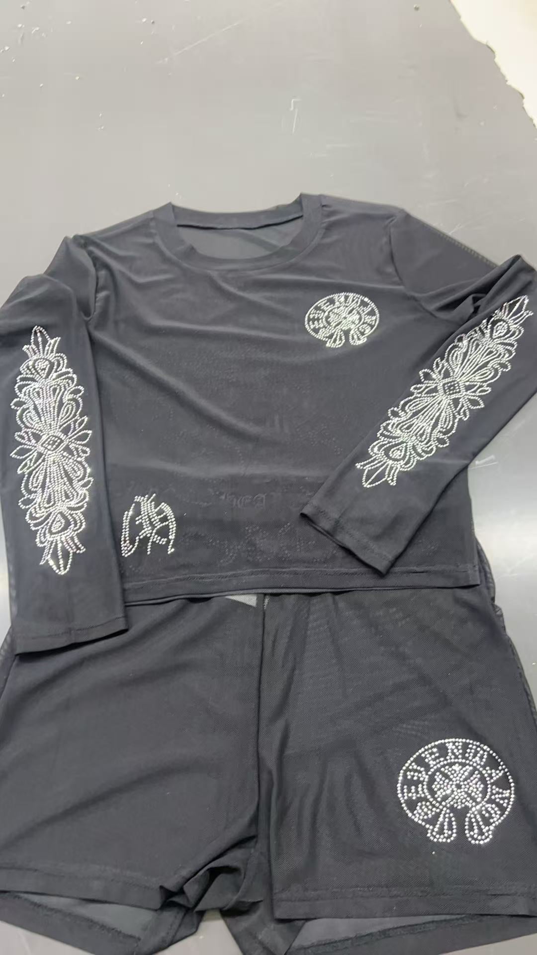 Chrome Hearts Rhinestone Mesh Long Sleeve 2 Piece Shorts Set Women
