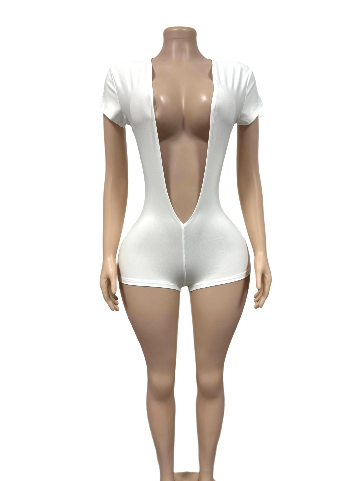 Solid Color Deep V Bodycon Romper Shorts Women Club Jumpsuit