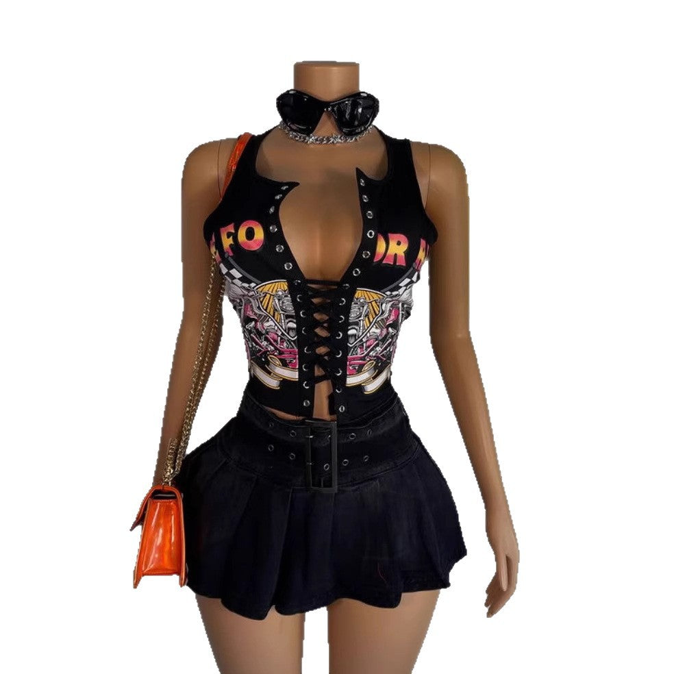Vintage Graphic Lace Up Cutout Sleeveless Crop Tank Top