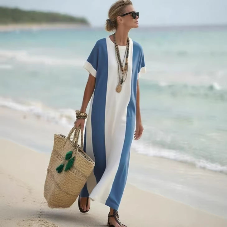 Women Boho Color Block Short Sleeve Kaftan Maxi Beach Dress