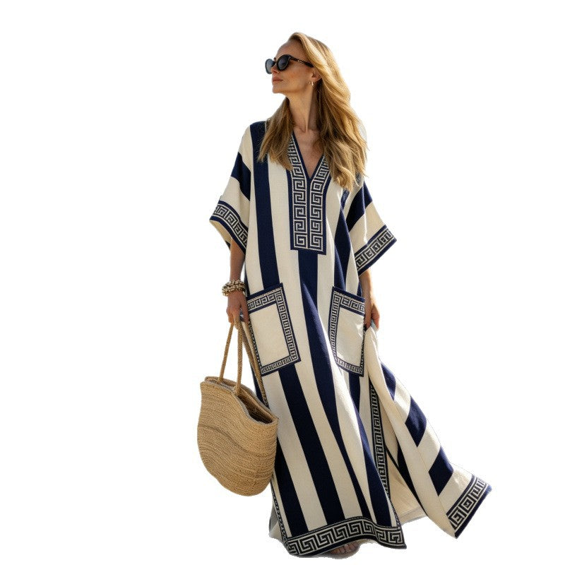 Women Boho Striped V Neck Open Front Loose Kaftan Maxi Beach Dress