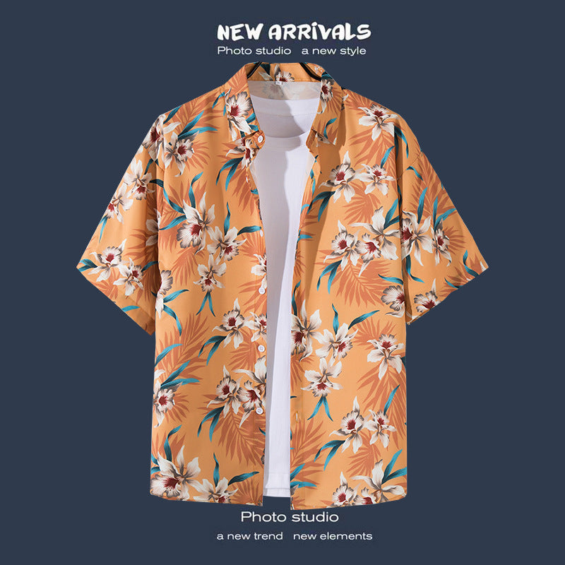 Mens Vintage Tropical Hawaiian Floral Loose Short Sleeve Beach Shirt