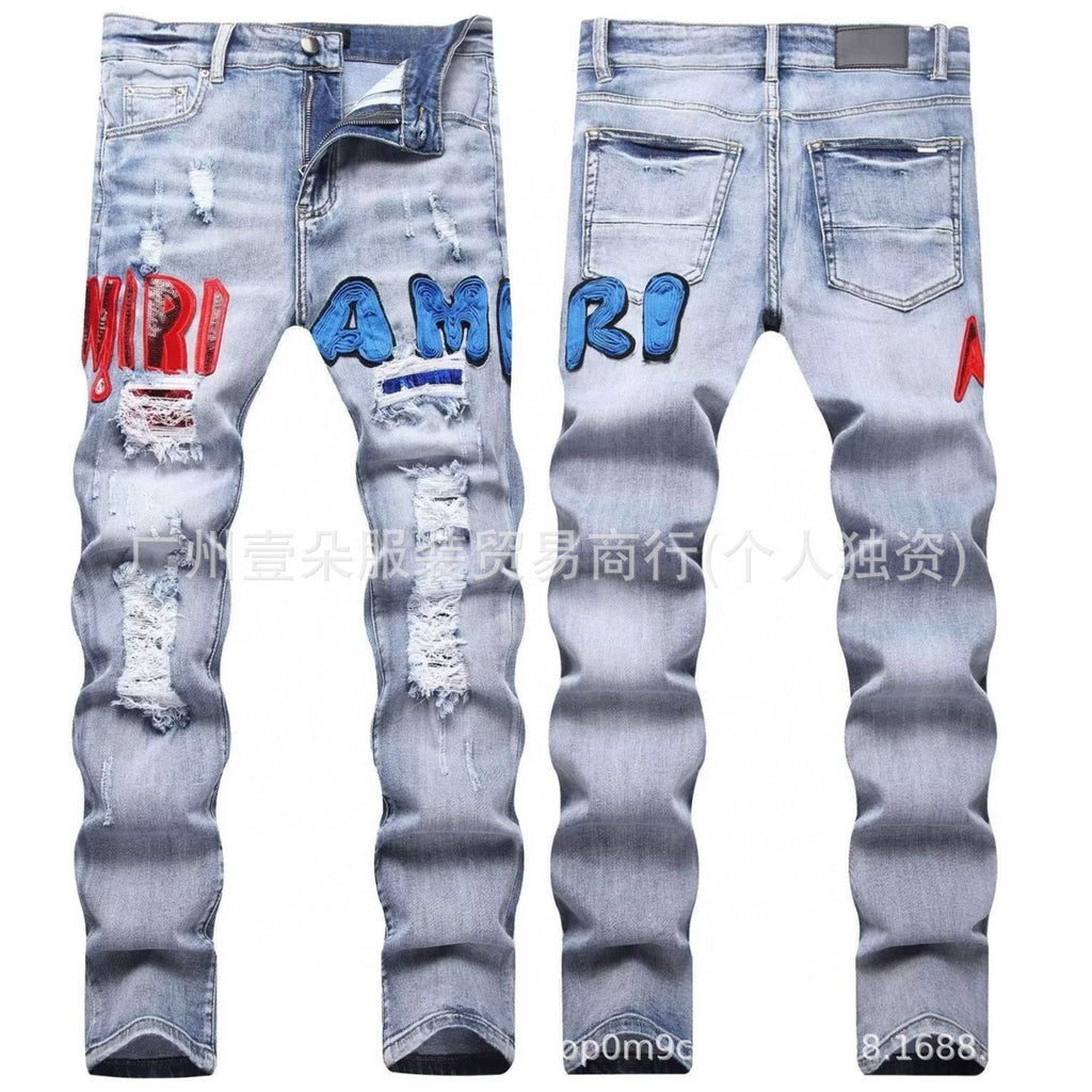 Amiri Letter Embroidery Washed Slim Tapered Denim Jeans Unisex