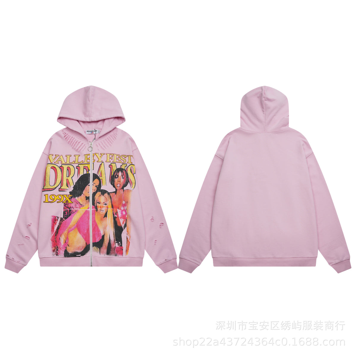 Valley Dreams Graphic Zip Up Hoodie Rhinestone Vintage Street Jacket