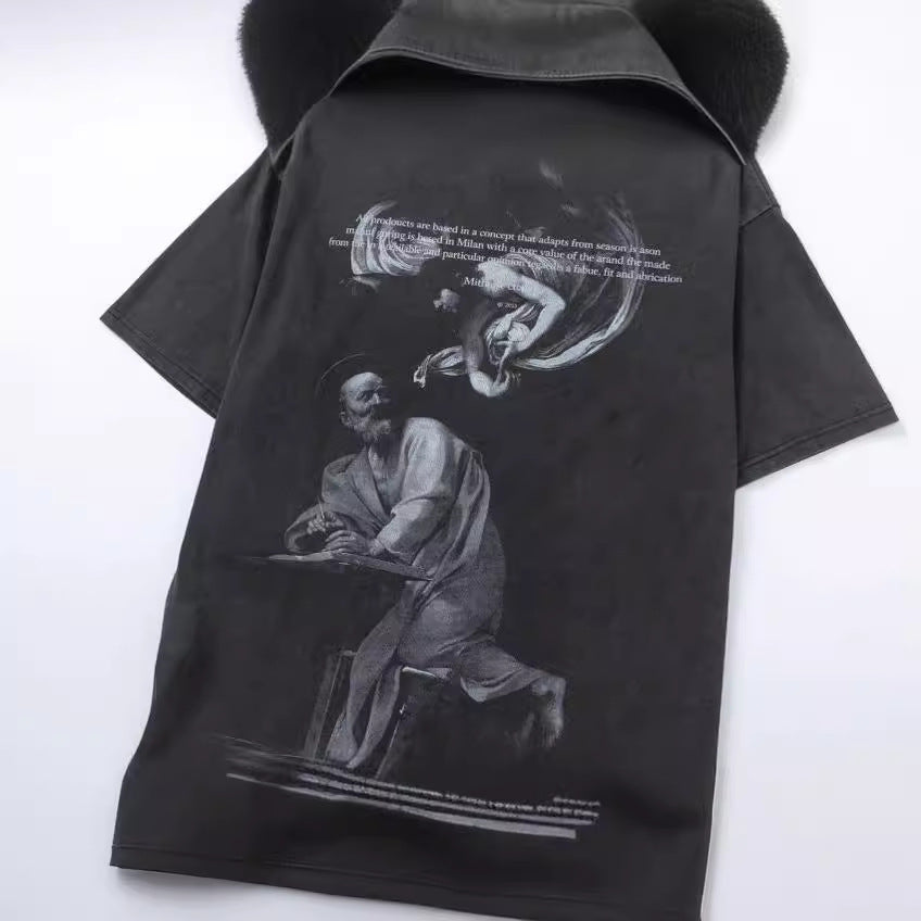 Washed Vintage Black Oil Painting Crew Neck Short Sleeve T Shirt