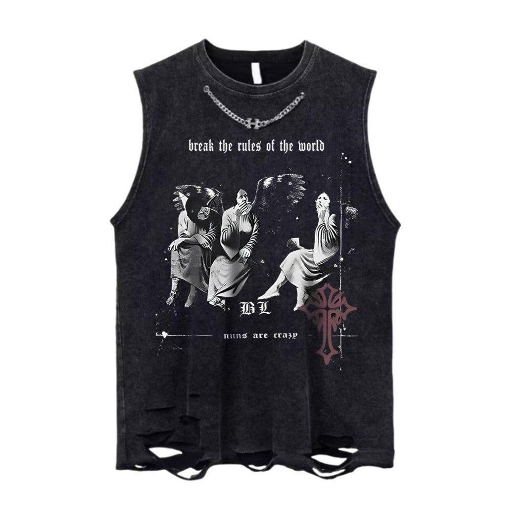 Vintage Washed Ripped Tank Mens Loose Hip Hop Sleeveless Vest