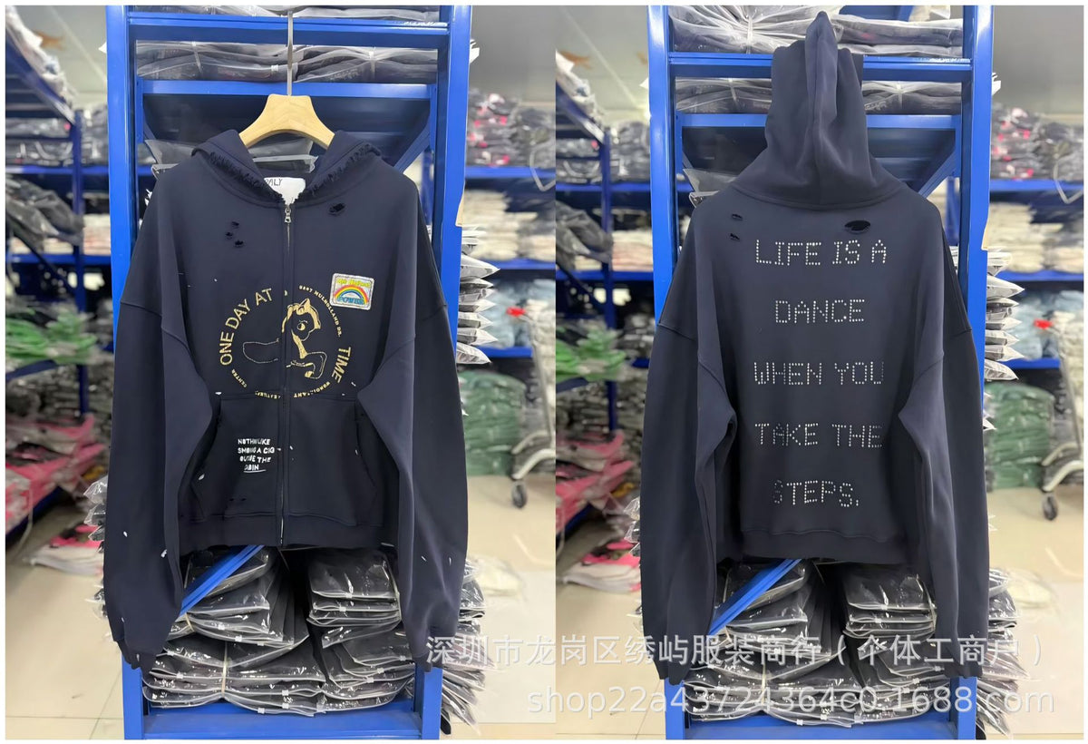 Paly Hollywood Cartoon Letter Hoodie Vintage Wash Graphic Streetwear
