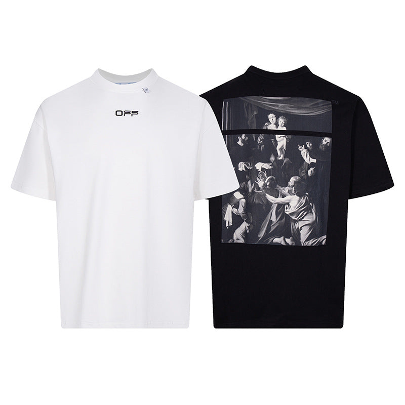 Tape Arrow Graphic Print Streetwear Crew Neck Short Sleeve T Shirt
