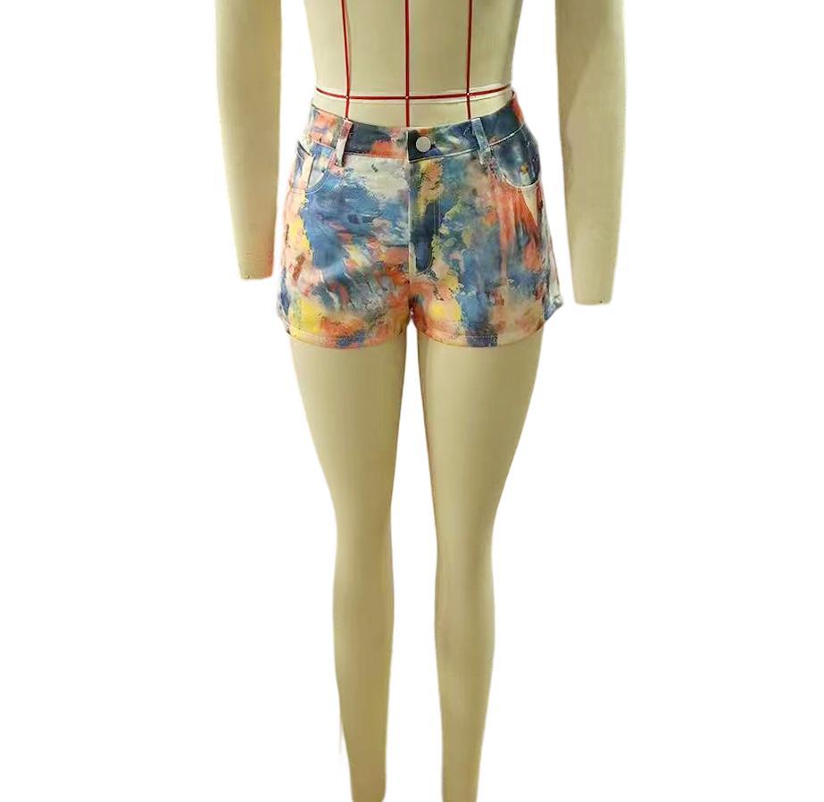 Vintage Printed High Waist Denim Shorts Women Casual Hot Pants