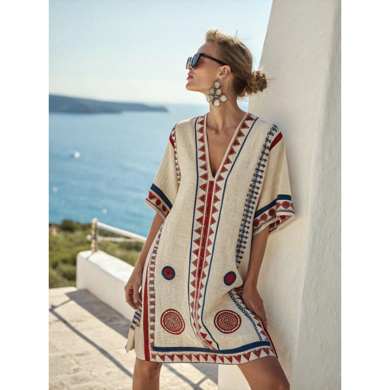 Women Boho Striped V Neck Loose Kaftan Midi Beach Dress