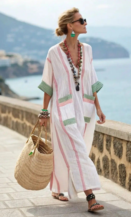 Women Boho V Neck Patch Pocket Print Loose Kaftan Maxi Beach Dress