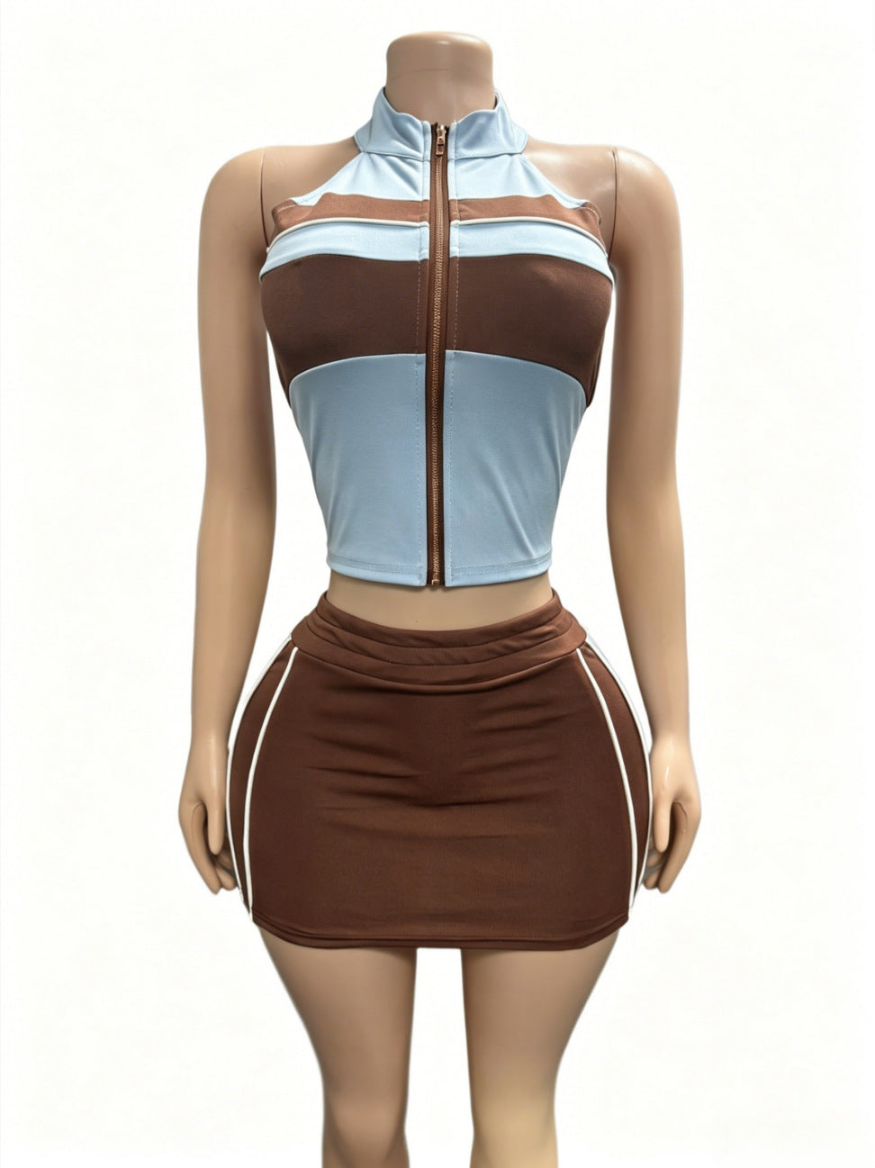 Color Block Zip Front Halter Crop Top Mini Skirt 2 Piece Set Women