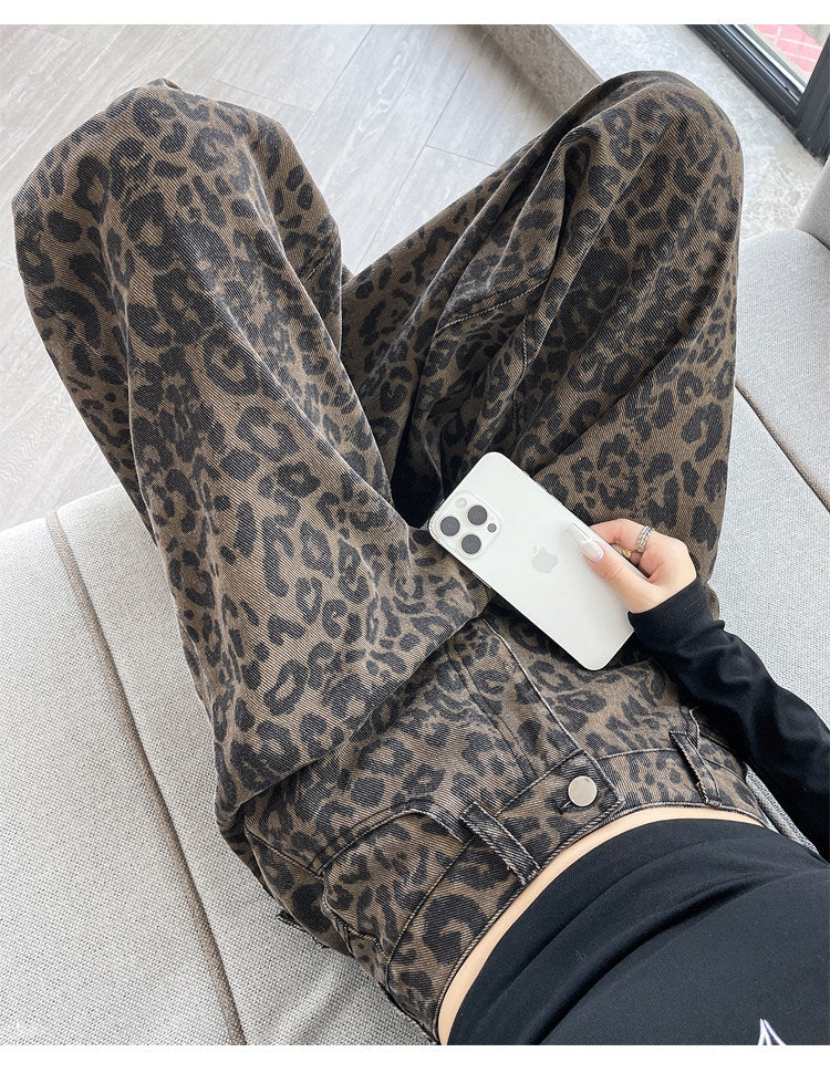 Leopard Print Wide Leg Denim Jeans High Waist Loose Straight Pants