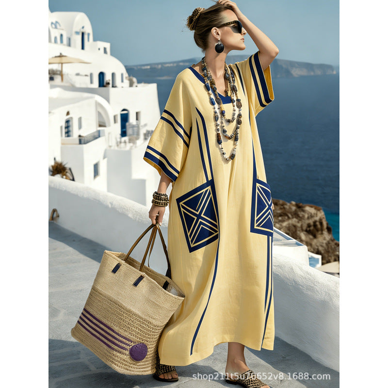 Women Boho Border Print V Neck Loose Kaftan Maxi Beach Dress