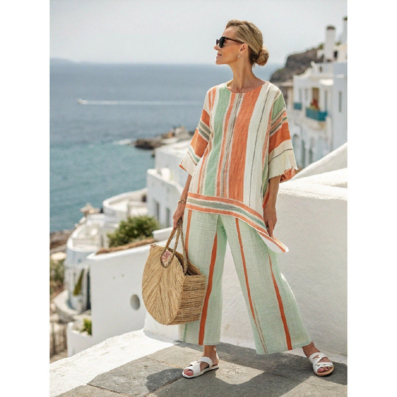 Women Boho Striped Plus Size Loose Kaftan Beach Set
