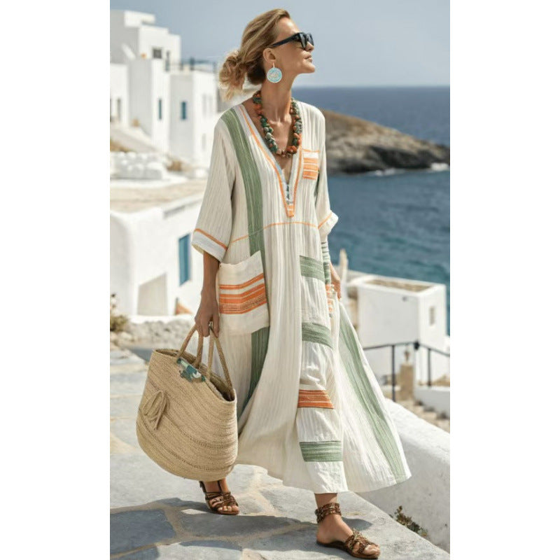 Women Boho Striped Embroidery V Neck Loose Kaftan Maxi Beach Dress