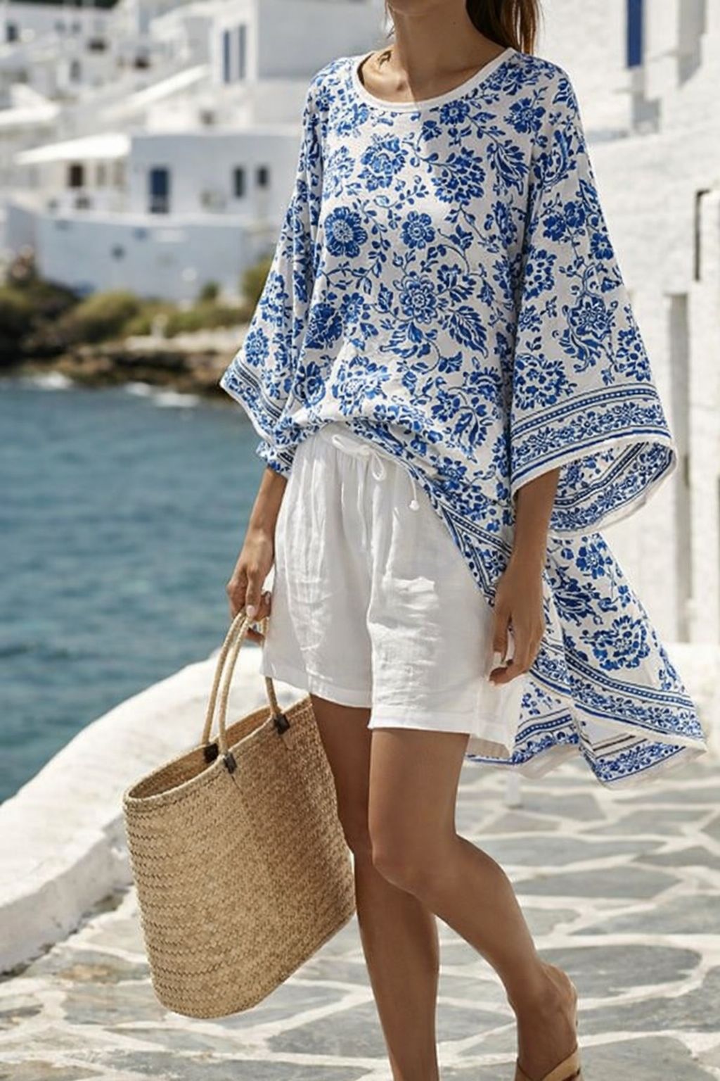 Boho Striped Batwing Beach Two Piece Short Set