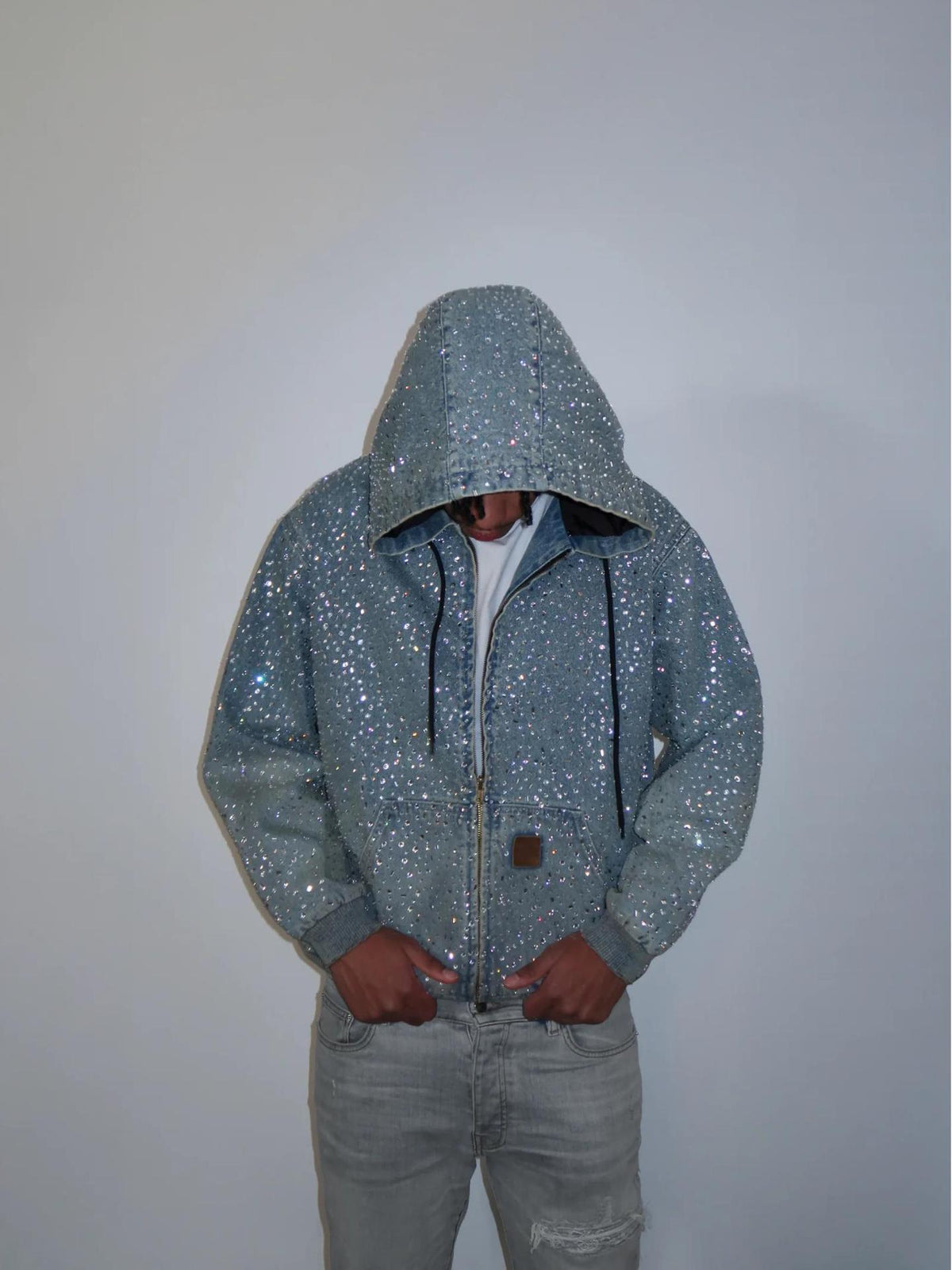 Rhinestone Denim Hooded Jacket Full Crystal Zip Up Unisex