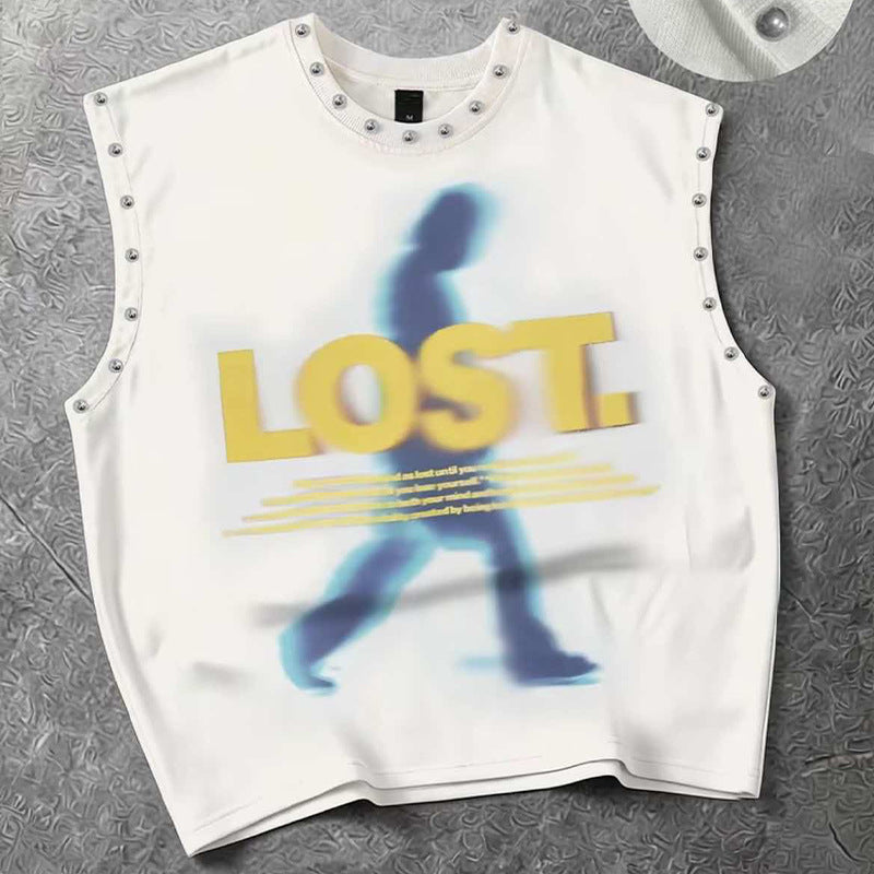 Vintage Letter Number Graphic Rivet Sleeveless Loose Vest Top Women