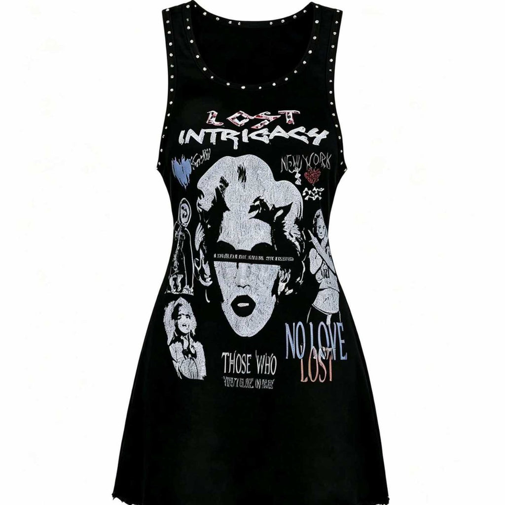 Lost Intricacy Graphic Rivet Sleeveless Tank Bodycon Mini Dress Women