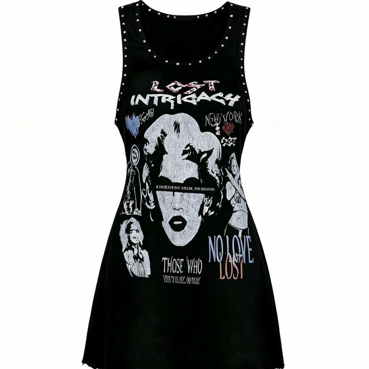 Lost Intricacy Graphic Rivet Sleeveless Tank Bodycon Mini Dress Women