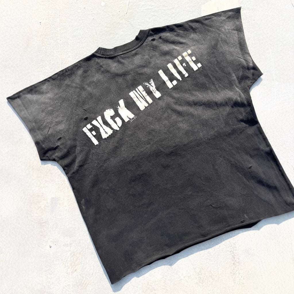 Washed Distressed Drip Letter Print Crew Neck Short Sleeve T Shirt