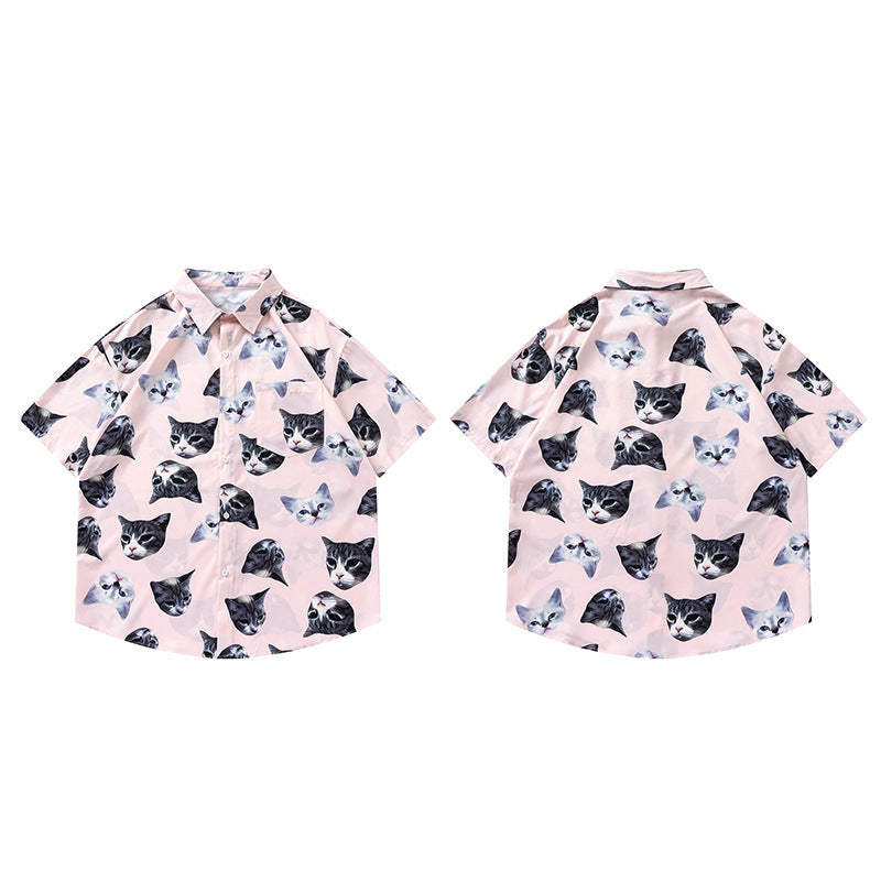 Collared Cat Print Open Front Tropical Short Sleeve Beach Shirt